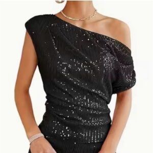 Black Sequin One-Shoulder Dress